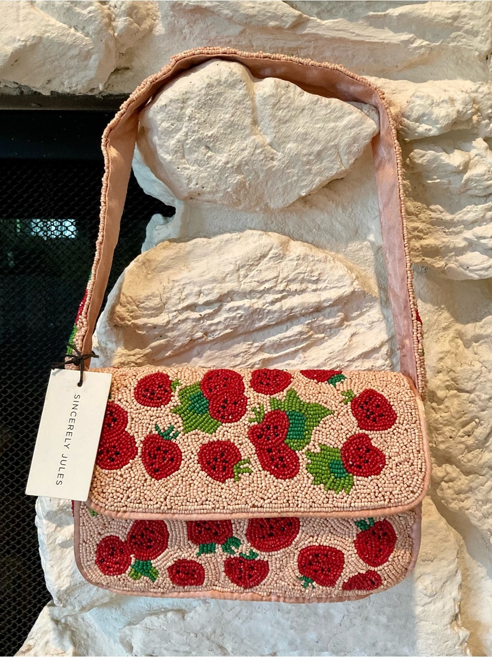 NWT Sincerly Jules Pink Beaded Shoulder Bag with Strawberry Motif